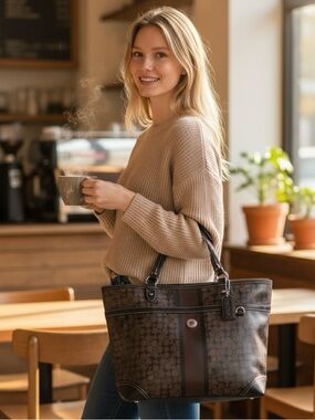 Coach Signature Stripe Canvas Shoulder Bag Brown Black Leather Trim